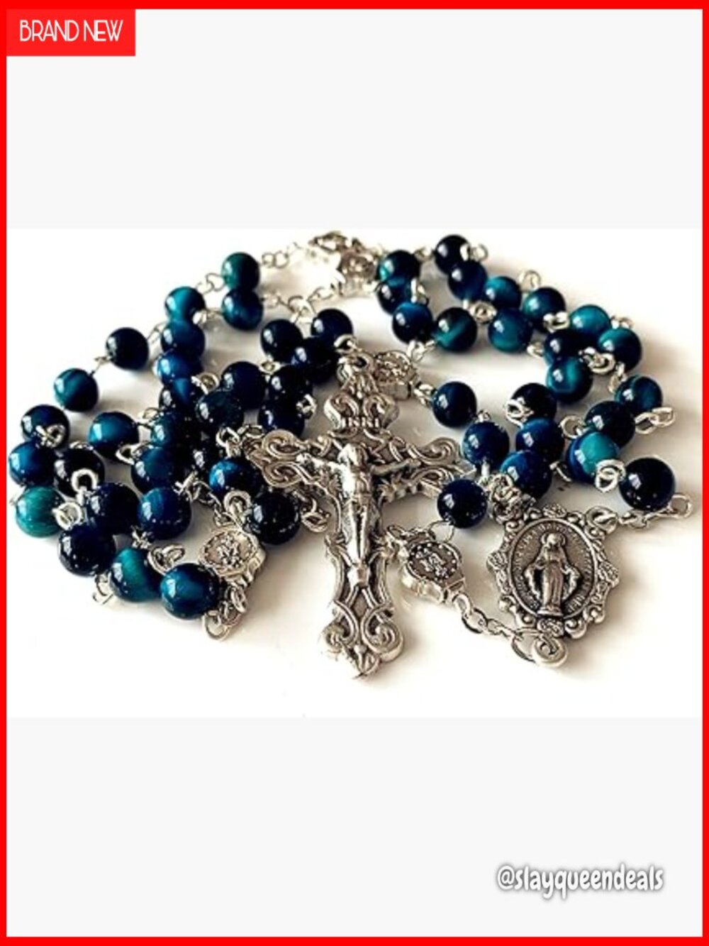 Handmade Blue Tiger Eye Rosary Cross Necklace Catholic Gift